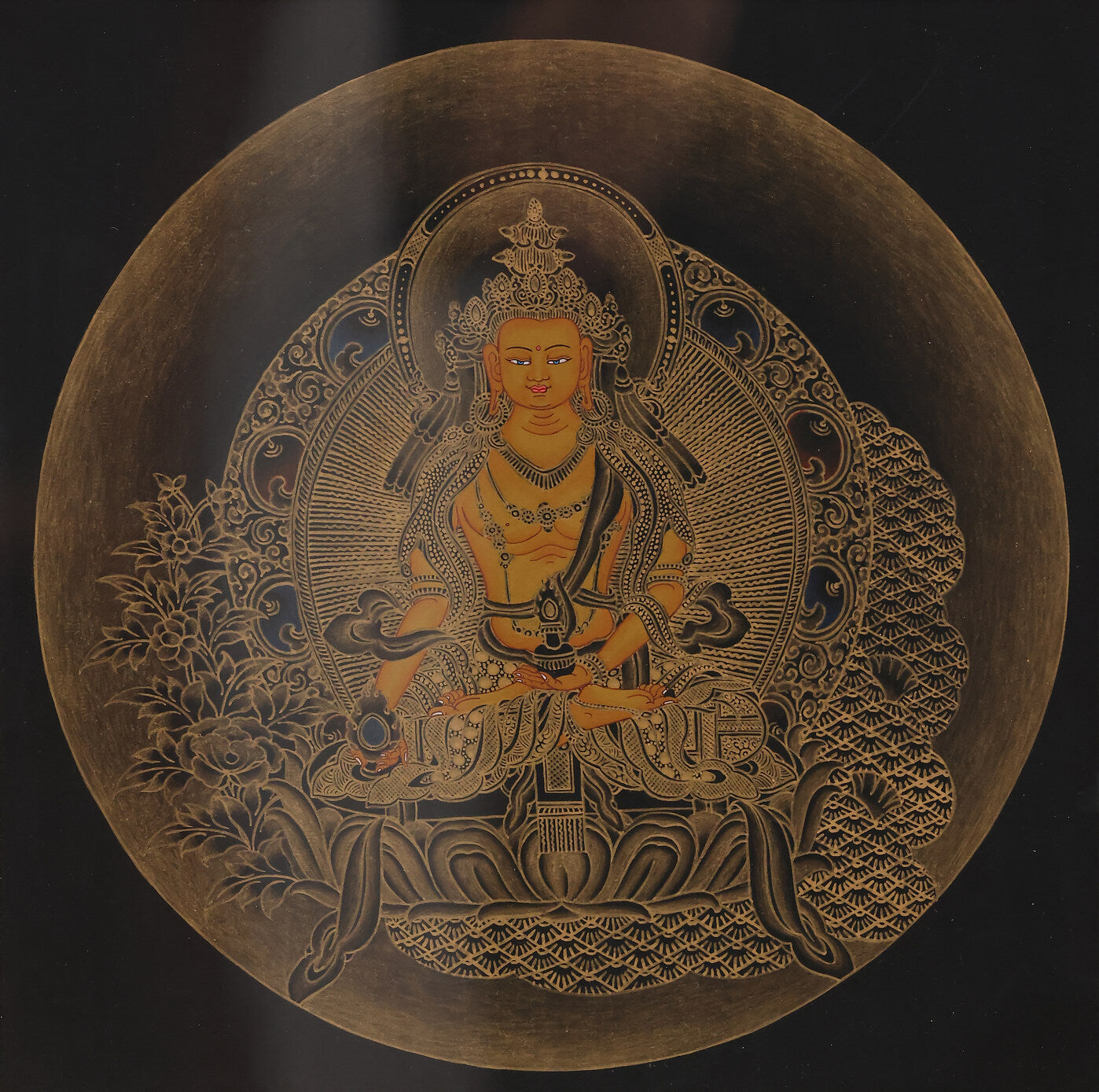 Tibetan Buddhist Yellow Manjushri Thangka art, depicting the golden-bodied Manjushri Bodhisattva holding the sword of wisdom and a sutra text, symbolizing supreme wisdom.