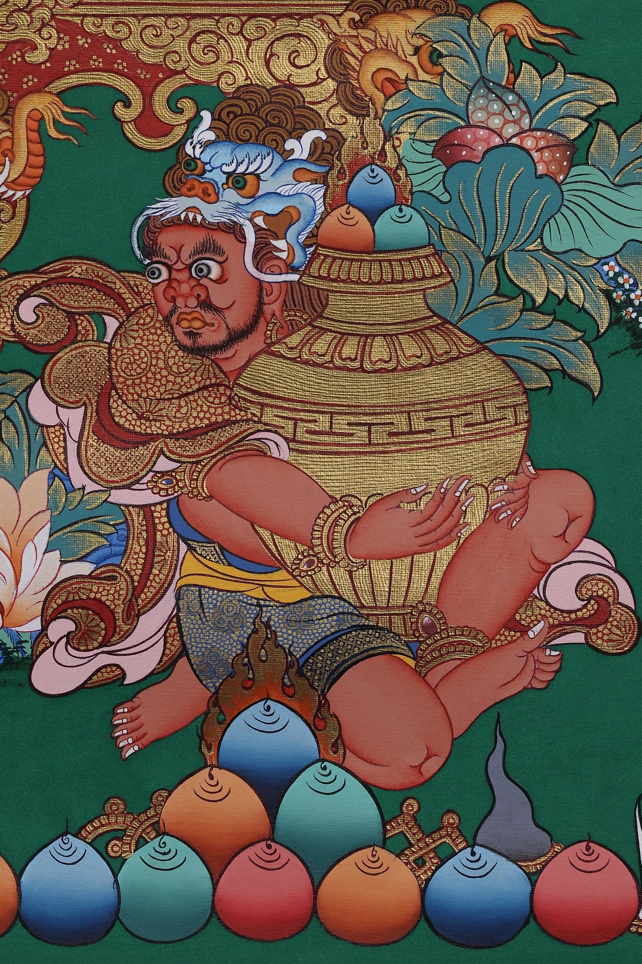 tibetan-buddhist-culture Zan Shin wealth and protection thangka painting with heavenly offering gods and blessing symbols.jpg