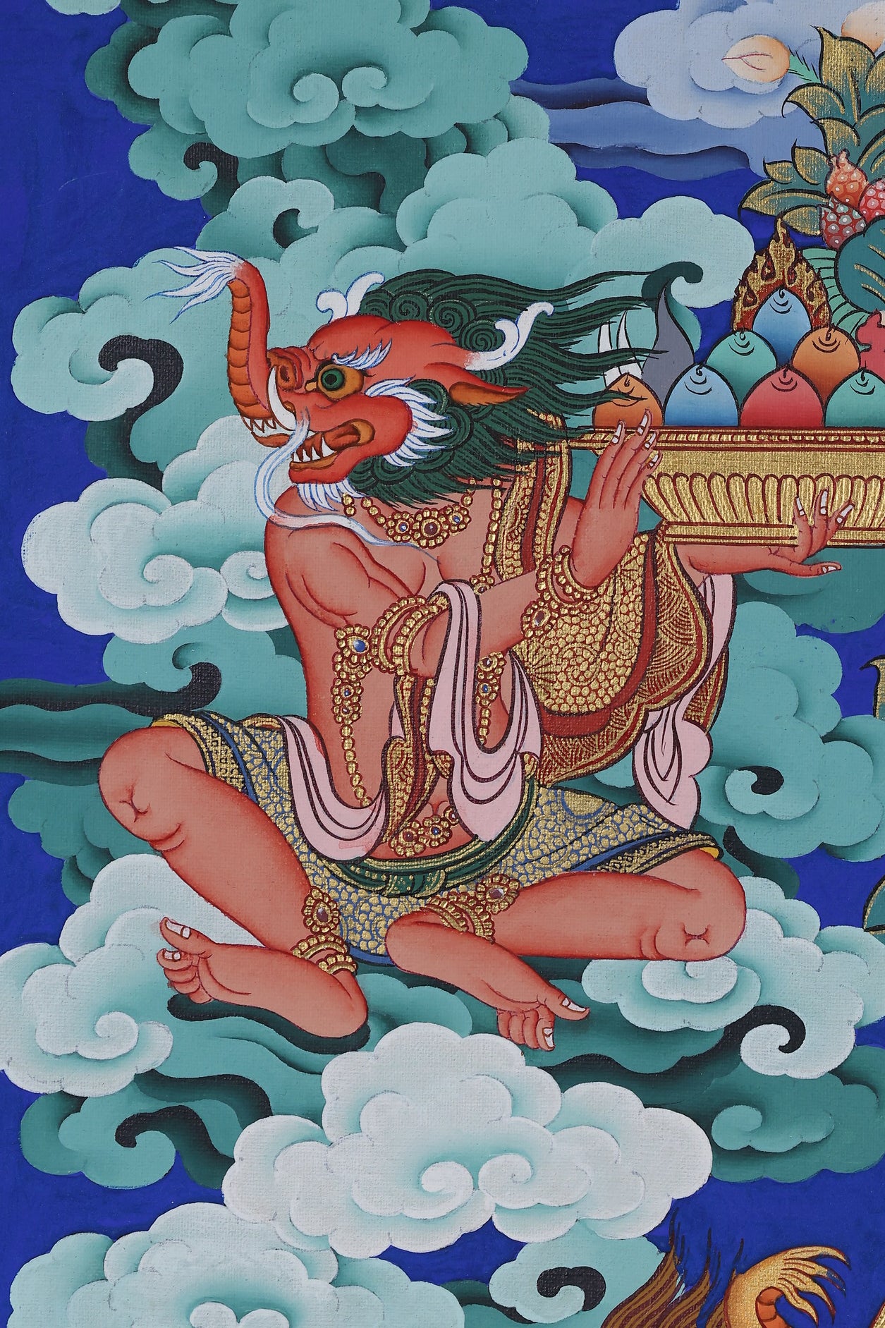 tibetan-buddhist-culture guardian king Zan Shin thangka with two attendants offering treasures and traditional ritual objects.jpg