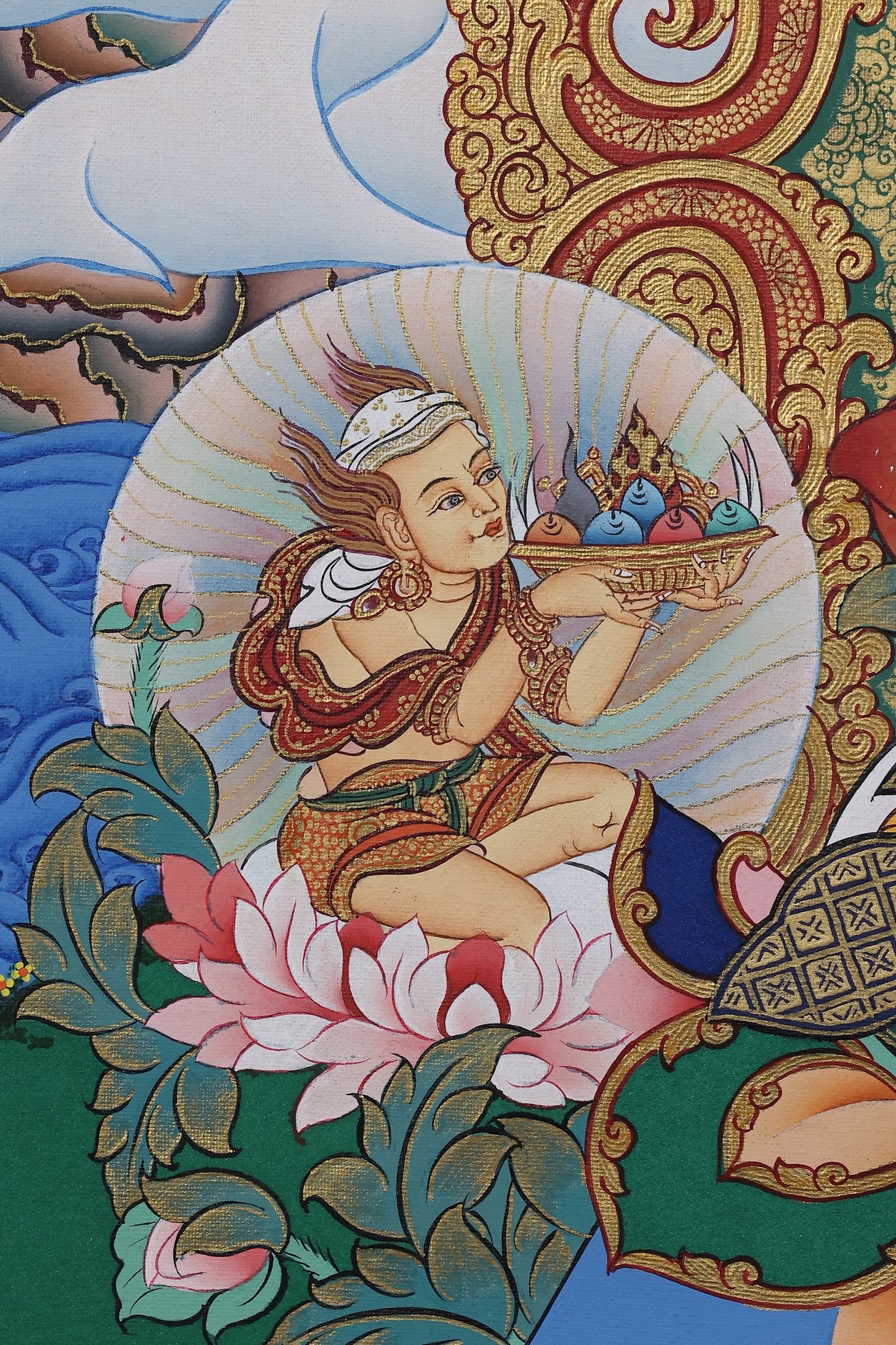tibetan-buddhist-culture Zan Shin earth-spirit guardian thangka painting with mountain gods and multi-colored offering vessels.jpg