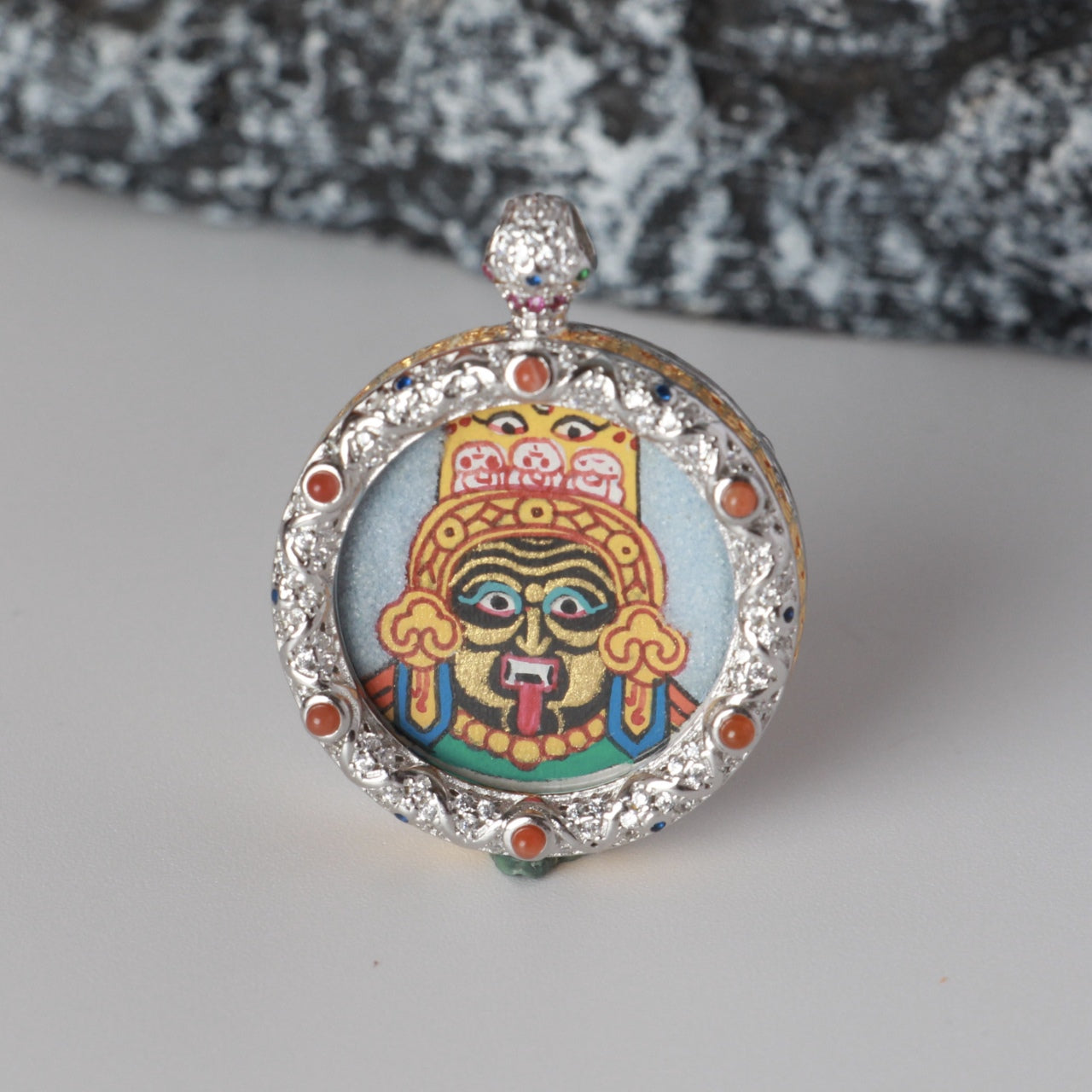  Close-up detail of the Nepal Rough Zhagilamu Thangka painting showing intricate natural mineral pigment work, showcasing the masterful artistry of Nepali lineage painters.
