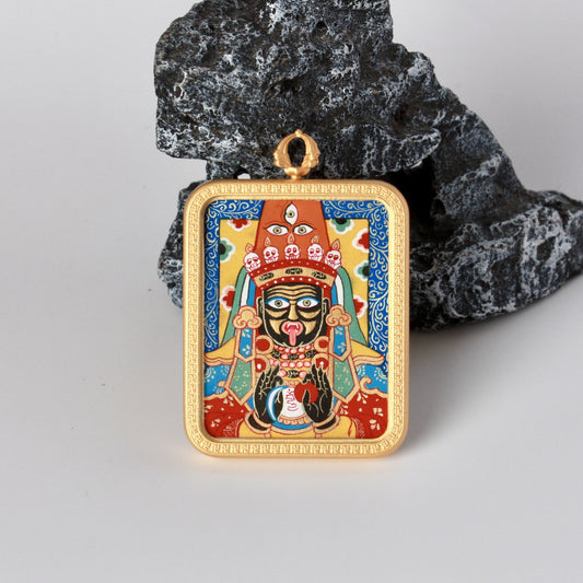 Close-up detail of the Rebgong Zhagilhamo Thangka painting showing intricate natural mineral pigment work, showcasing the masterful artistry of Rebgong lineage painters.

