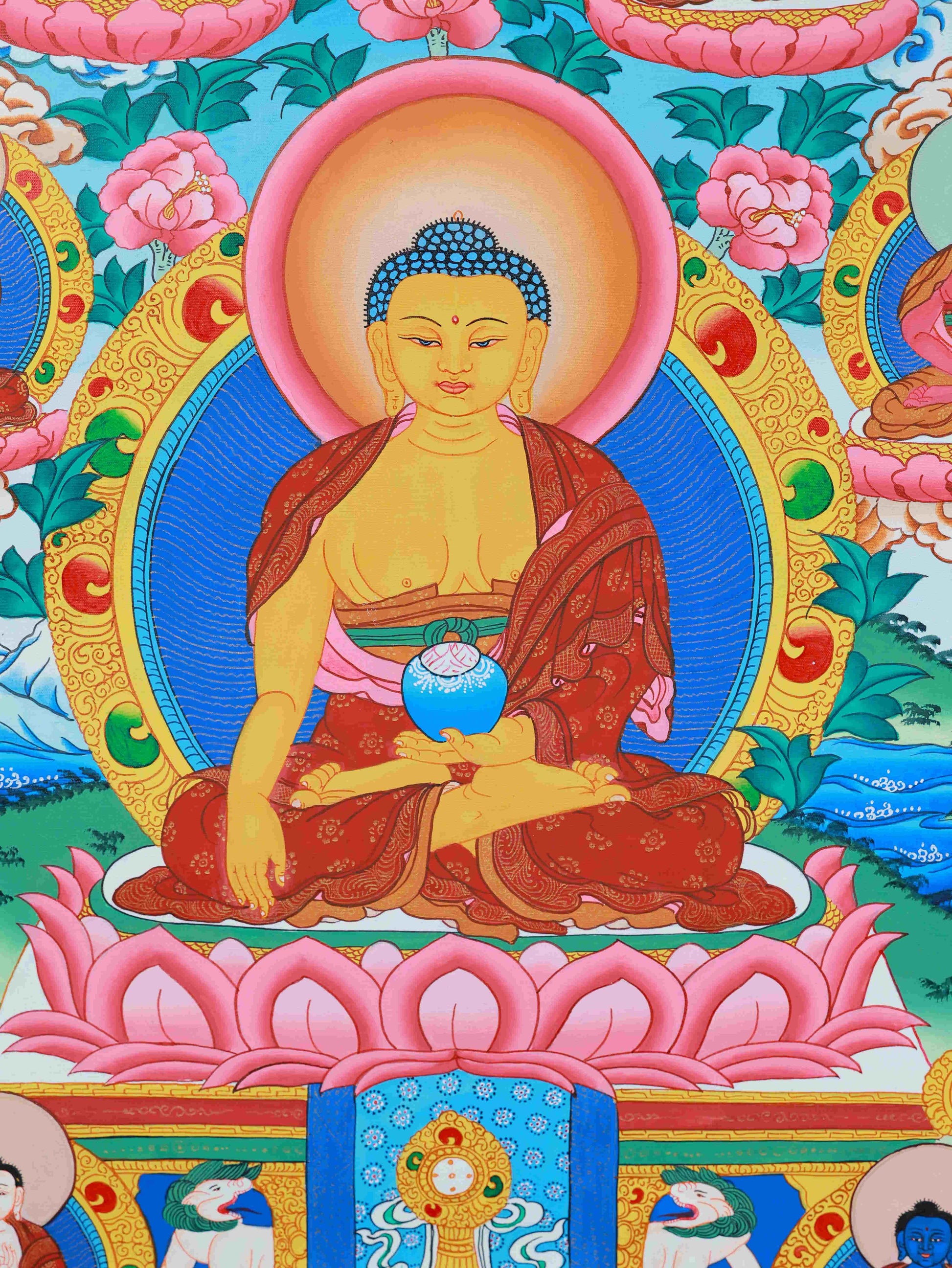 Authentic handmade Tibetan Thangka painting of Medicine Buddha, crafted with traditional techniques and mineral pigments.