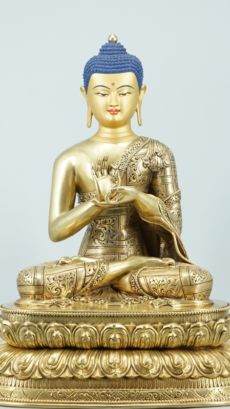 Sacred Dipankara Buddha statue crafted in gilded copper with mineral pigments, authentic Tibetan Buddhist statues embodying classical Buddha Statue-Art.