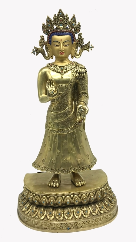 Handmade Tibetan Buddhist Dipankara Buddha statue, traditional Buddha Statue-Art crafted with gilded gold and mineral pigments for meditation and shrine space