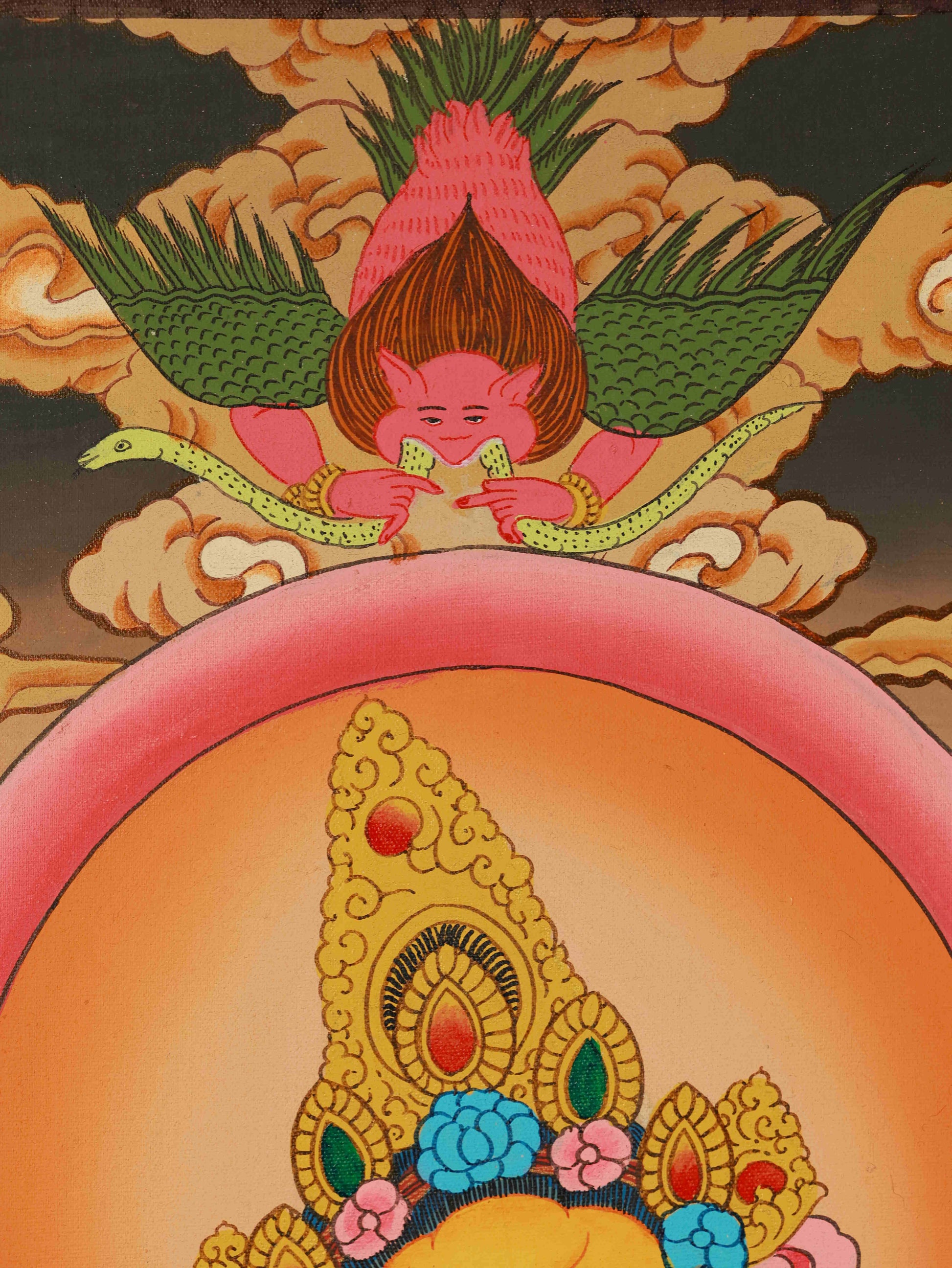 Tibetan art Thangka of Yellow Jambhala, the Buddhist deity of wealth and prosperity.