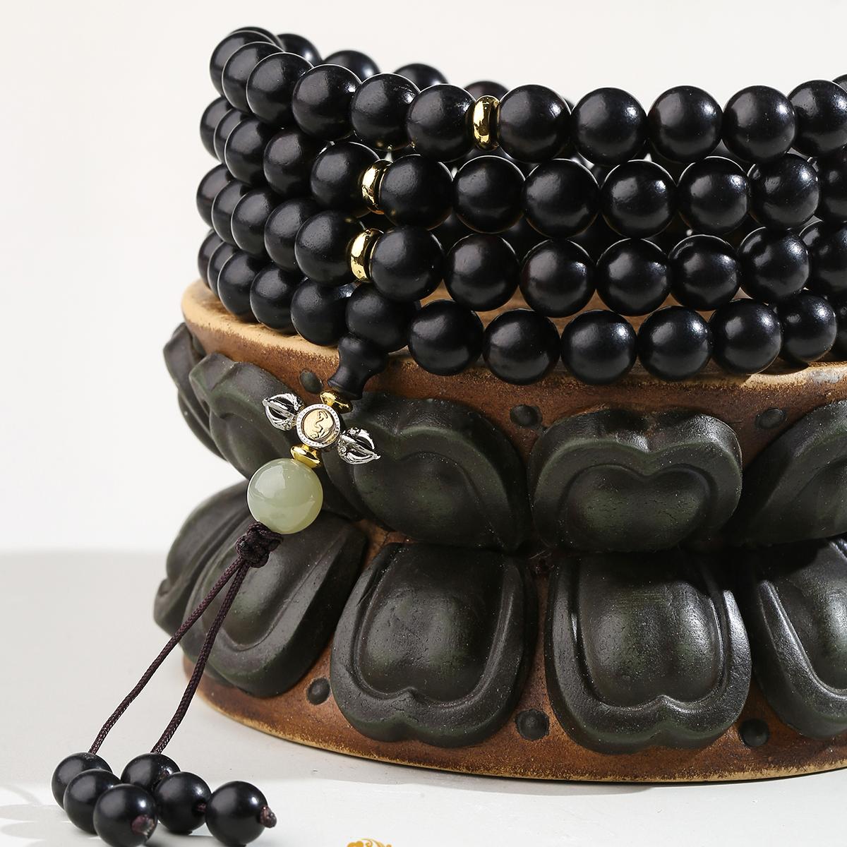 Hetian jade and ebony 108 bead mala necklace in Tibetan Buddhist style