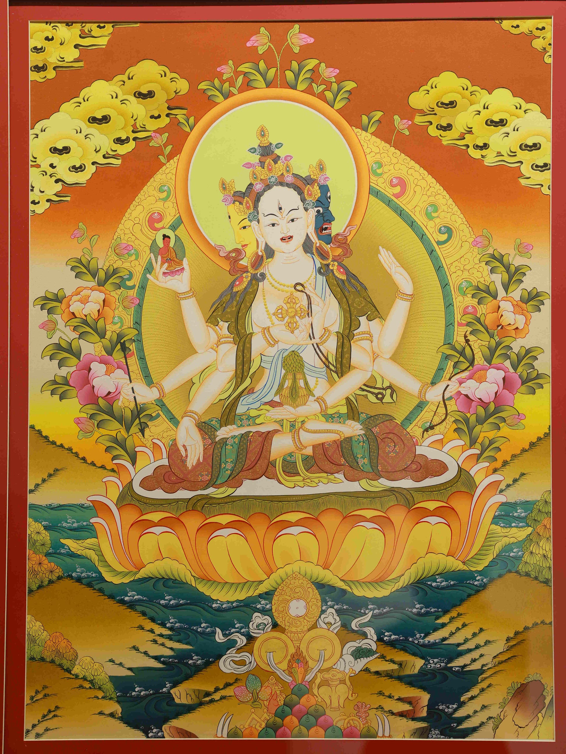 Handmade Tibetan Buddhist Thangka Painting of Eight-Armed Ushnishavijaya, Goddess of Longevity and Purity