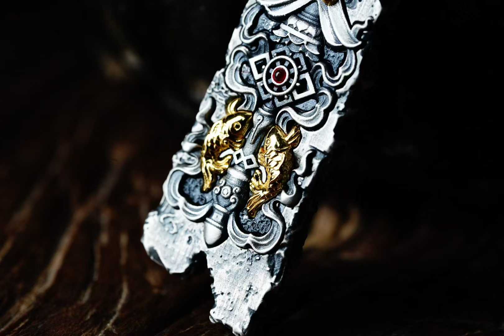 Tibetan Buddhist Eight Treasures sacred pendant with silver and copper inlay