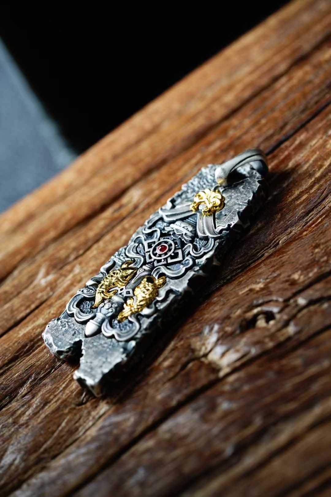 Eight Auspicious Symbols talisman pendant in S925 silver and copper