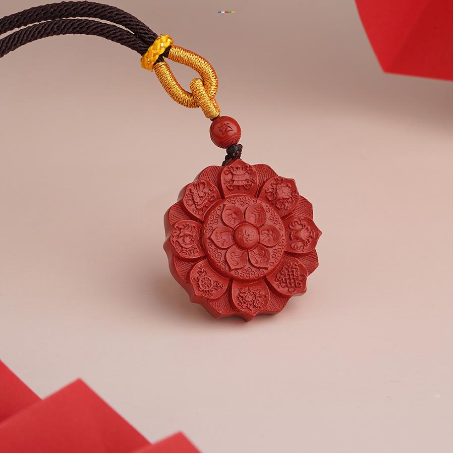 Unique Tibetan Buddhist Eight Treasure Cinnabar Pendant with Handmade Craft