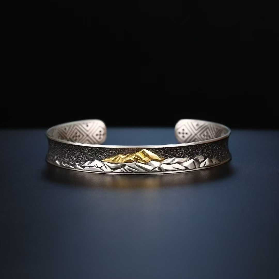 Sacred Tibetan Everest bracelet, crafted from 925 silver and gold inlay, handmade jewelry.