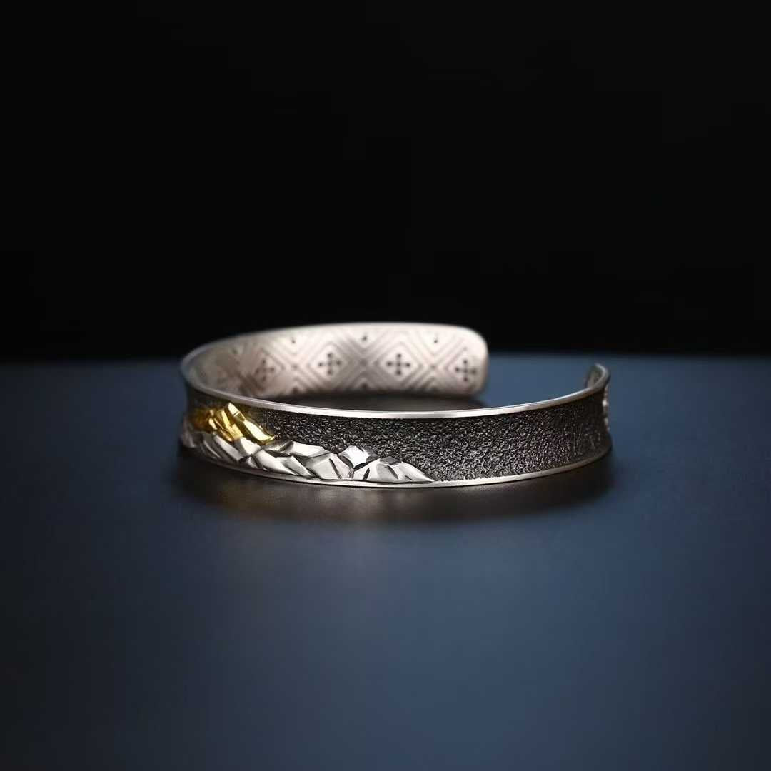 925 silver and gold Everest bracelet, handcrafted Tibetan Buddhist jewelry with inlay design.