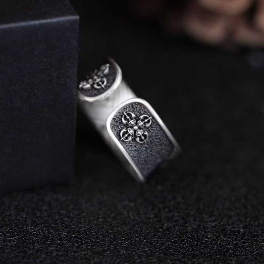 Gold and silver Everest-inspired Tibetan Buddhist ring featuring detailed handmade sacred design.