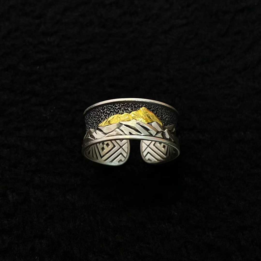 Tibetan Buddhist Everest ring, handcrafted with gold and silver inlay, sacred jewelry.
