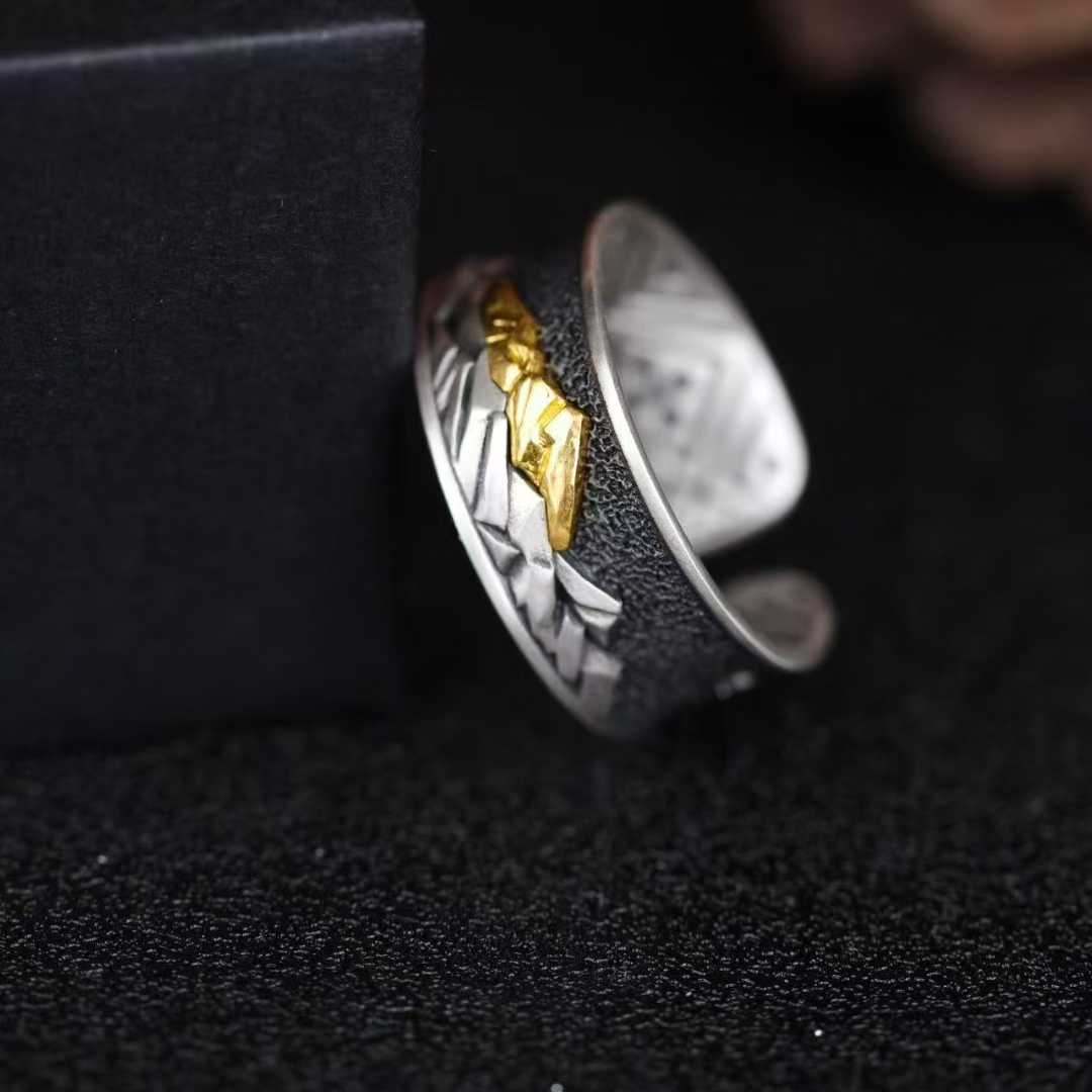 Sacred Tibetan Everest ring, crafted from 925 silver and gold inlay, handmade jewelry.