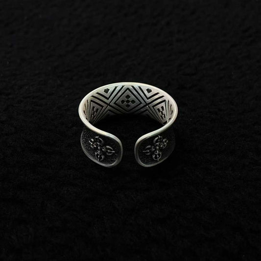 Handmade Everest ring, gold and silver inlay with sacred Tibetan Buddhist design.