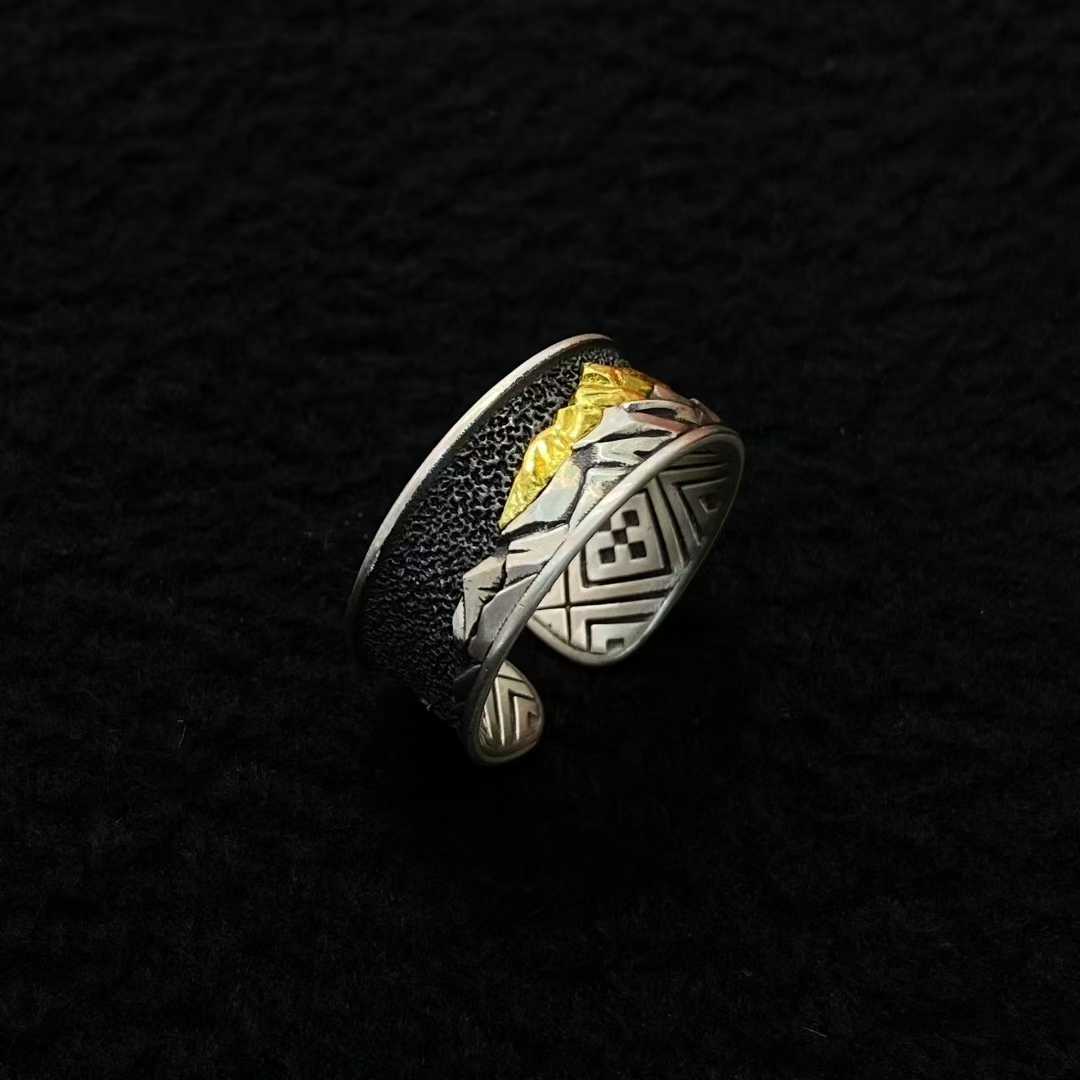 Sacred Tibetan Everest ring, crafted from 925 silver and gold inlay, handmade jewelry.