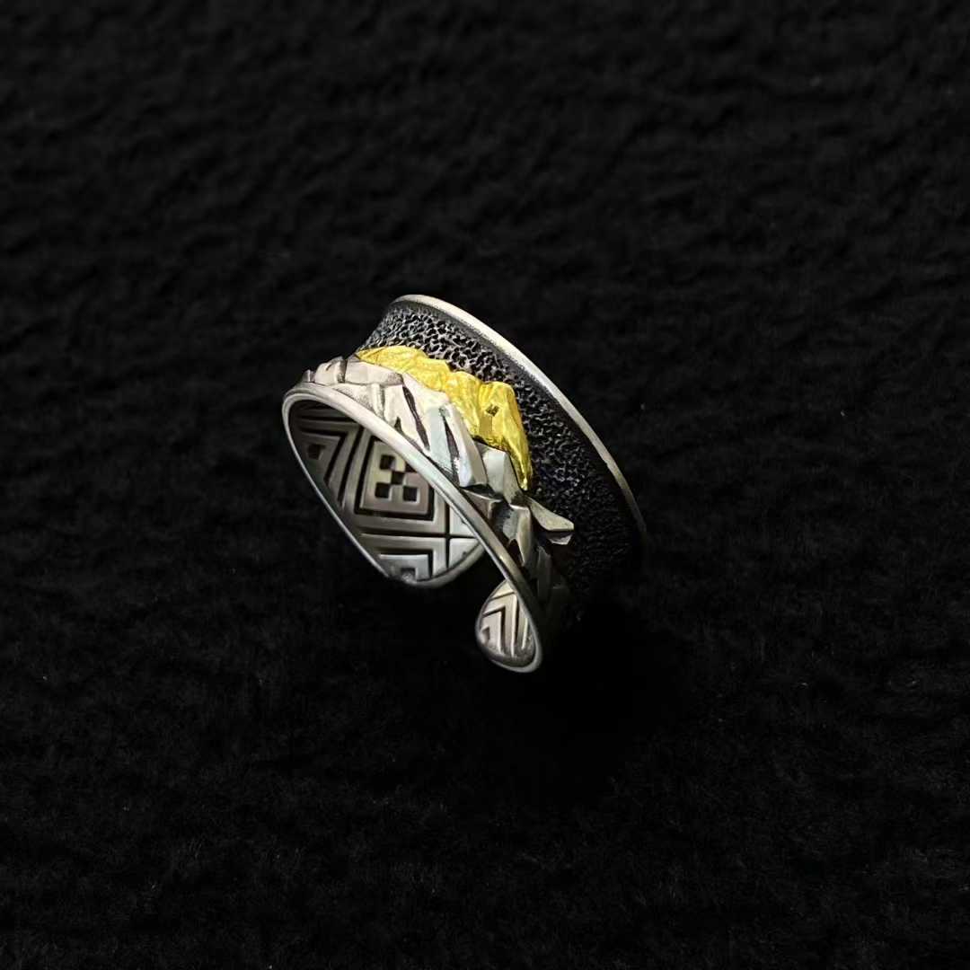Handcrafted Everest ring, Tibetan Buddhist gold and silver inlay, symbol of wisdom and enlightenment.