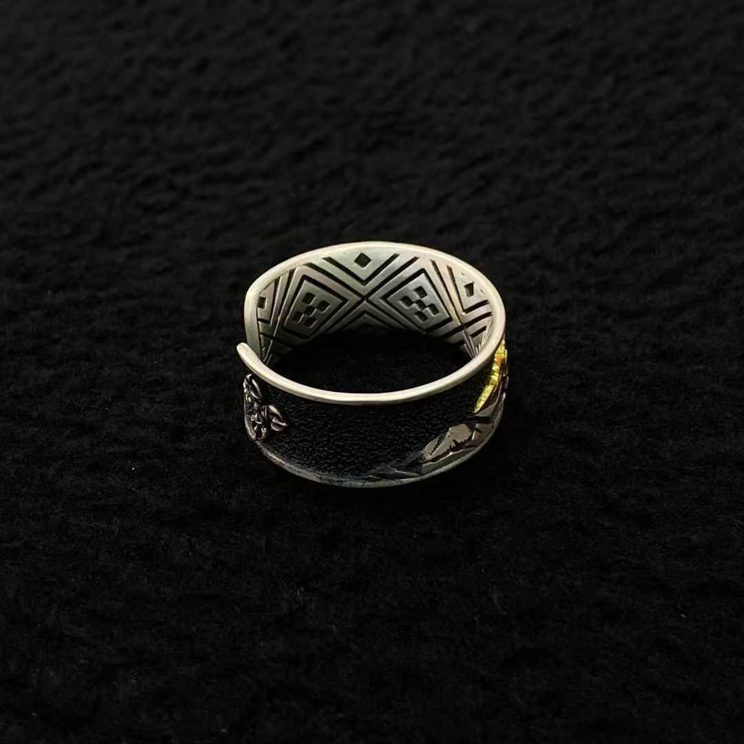 925 silver and gold Everest ring, handcrafted Tibetan Buddhist jewelry with inlay design.