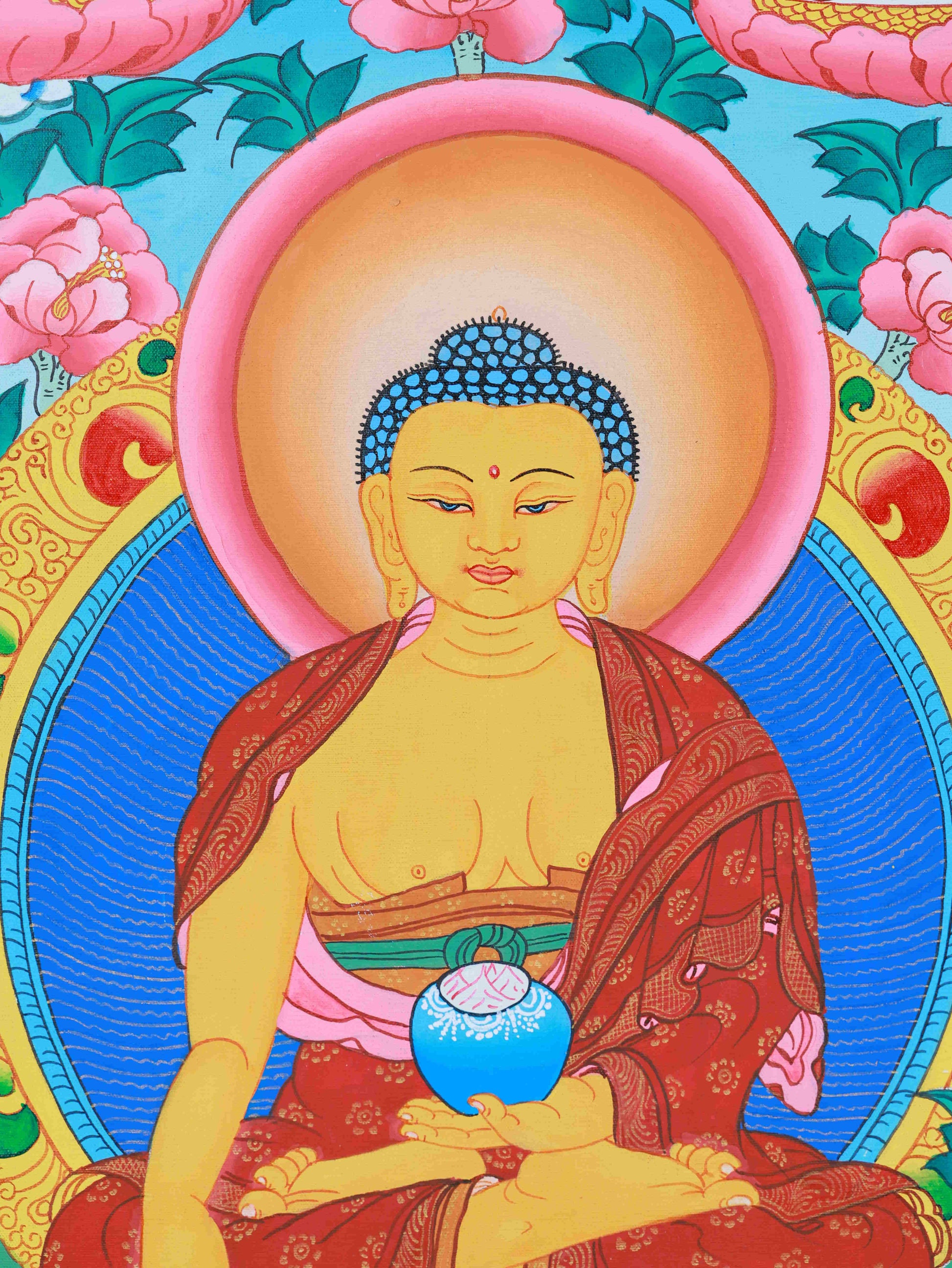 Fine art Tibetan Thangka painting of Medicine Buddha, meticulously hand-painted with mineral colors.