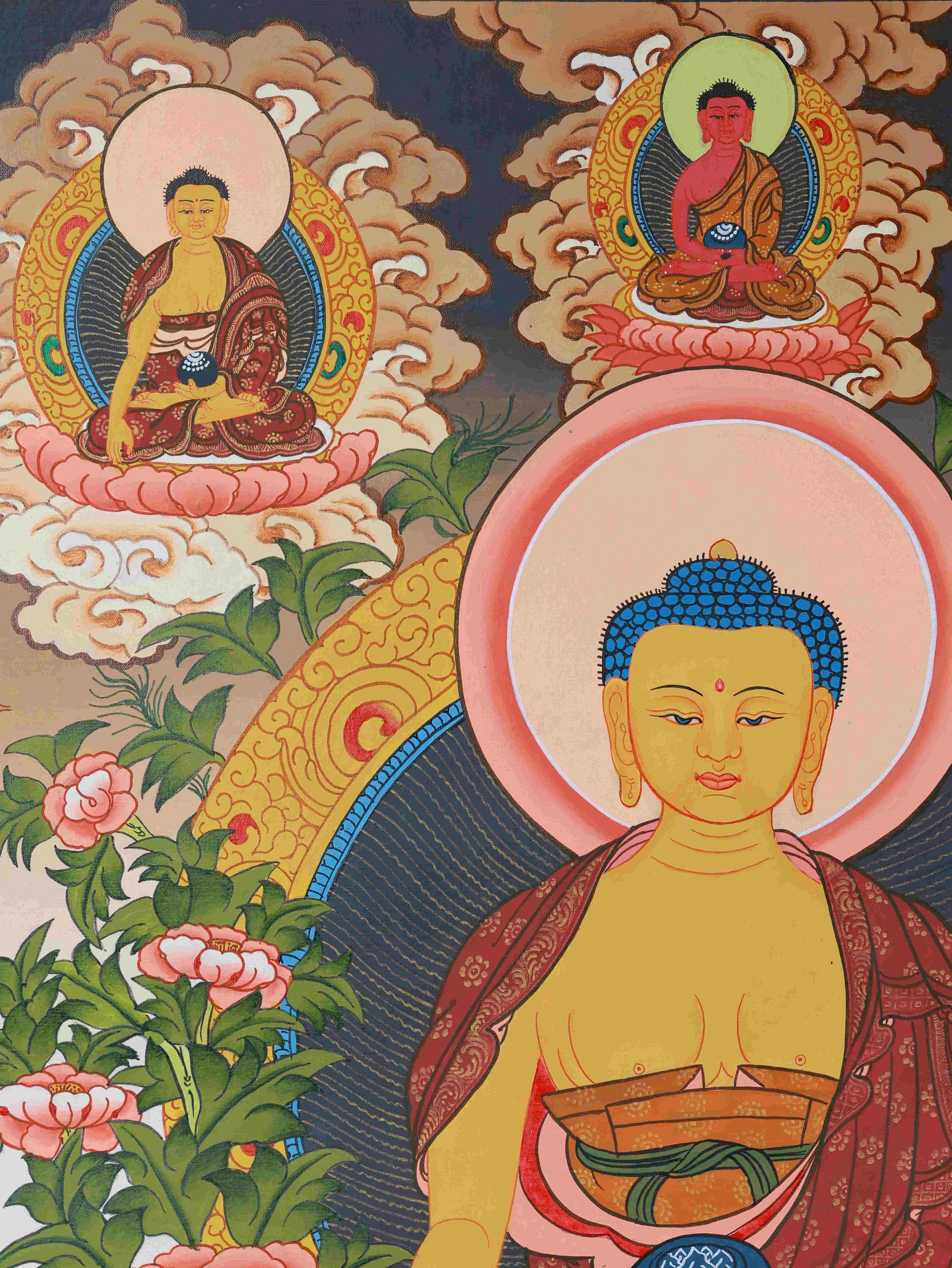 Mineral pigment Tibetan Thangka artwork depicting Shakyamuni Buddha, representing wisdom, serenity, and compassion.