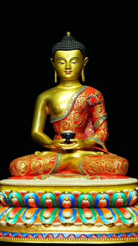 Hand-painted gilded Five Buddhas statue, meticulously handcrafted with mineral paints. A beautiful representation of Tibetan Buddhist teachings on wisdom and compassion.