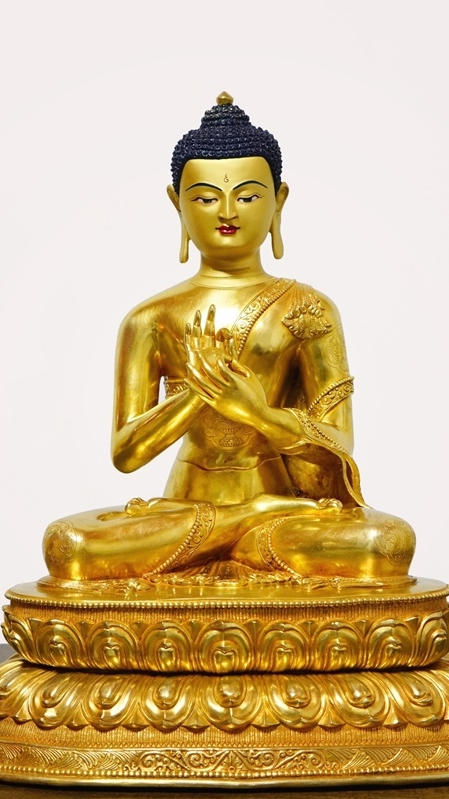 Pure handmade Five Dhyani Buddhas statues with mineral paint and gilded accents, showcasing the deep spiritual symbolism of Tibetan Buddhism.