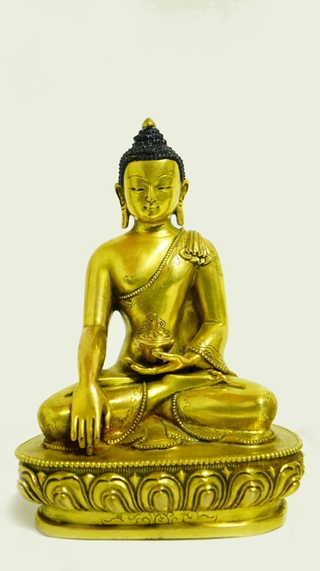 Exquisite Five Dhyani Buddhas statue, handcrafted with gilded finish and mineral paint, showcasing Tibetan Buddhist artistry and craftsmanship.