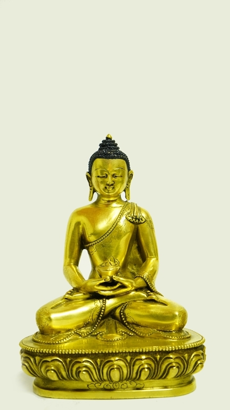 Five Buddha statues featuring gilded surfaces and mineral paint, meticulously handcrafted to represent the rich traditions of Tibetan Buddhism.