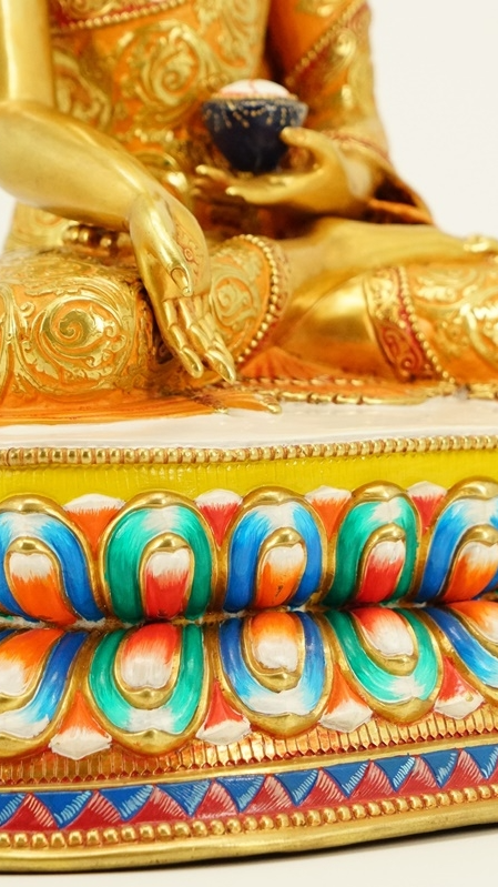 Handcrafted Five Buddhas statue with gilded finish and intricate mineral paintwork. A sacred piece for those seeking spiritual balance and transformation.