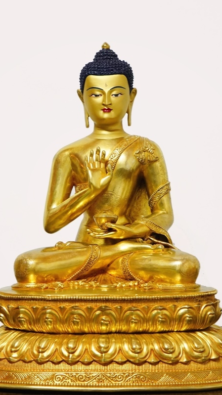  Five Buddha statues with gilded finishes and mineral paint, handcrafted to perfection, reflecting the cultural richness of Tibetan Buddhist art.