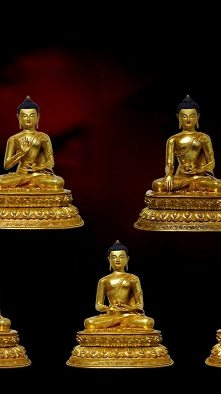 Handmade Five Buddha statues with gilded details and mineral paint, a beautiful fusion of Tibetan Buddhist tradition and modern craftsmanship.
