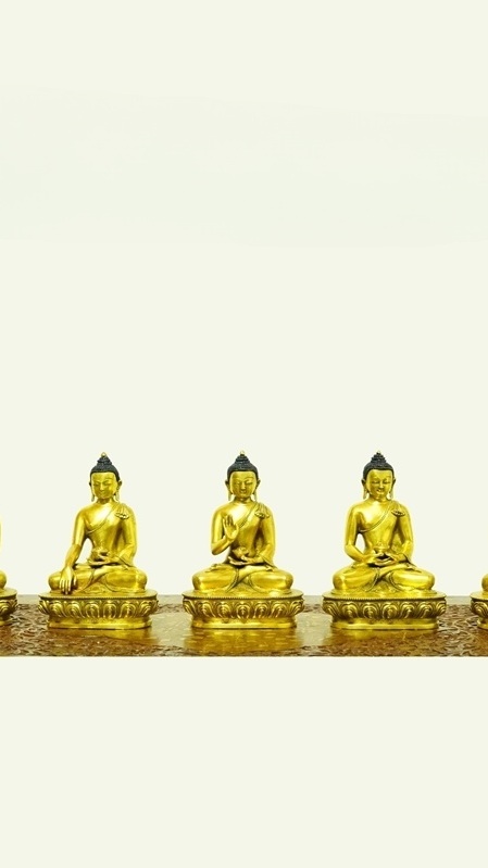 Stunning handcrafted Five Buddha statues with gilded finish and mineral paint, highlighting the pure handmade artistry of Tibetan Buddhist culture.