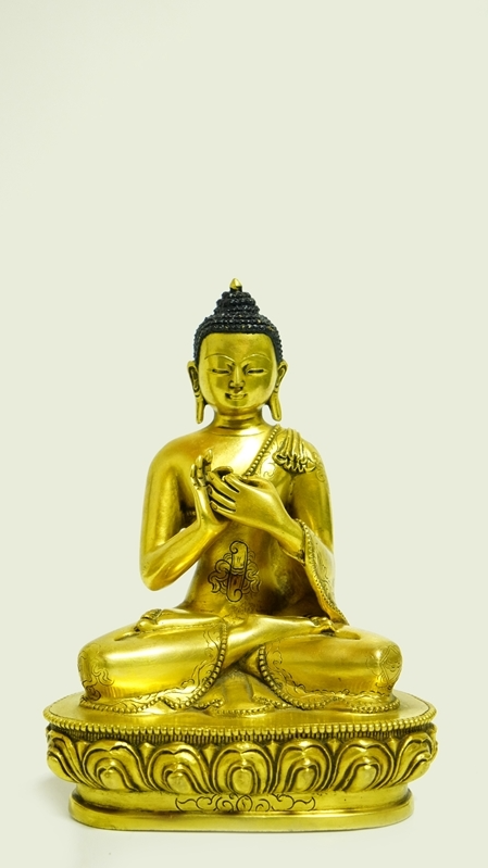  Handcrafted Five Buddha statues with gilded surfaces and mineral paint, showcasing Tibetan Buddhist artistic traditions and spiritual symbolism.