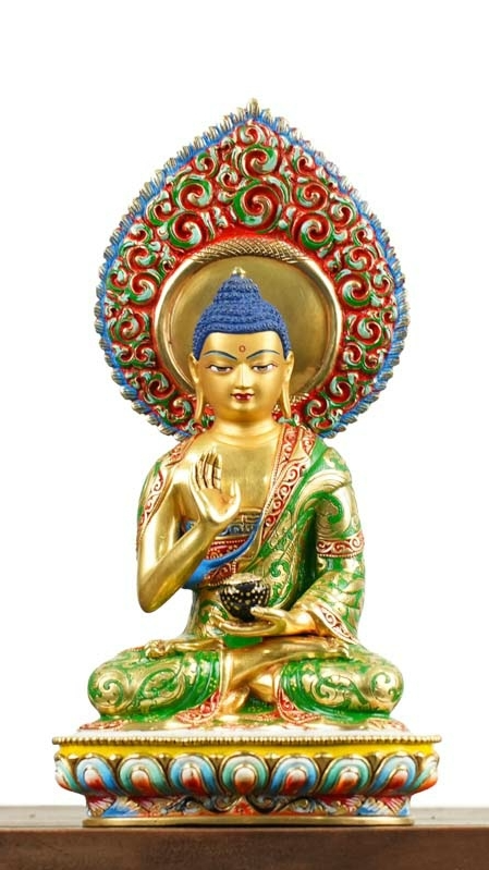 Handcrafted gilded Five Dhyani Buddhas statue, painted with mineral pigments. A sacred Buddhist statue representing wisdom, compassion, and enlightenment.