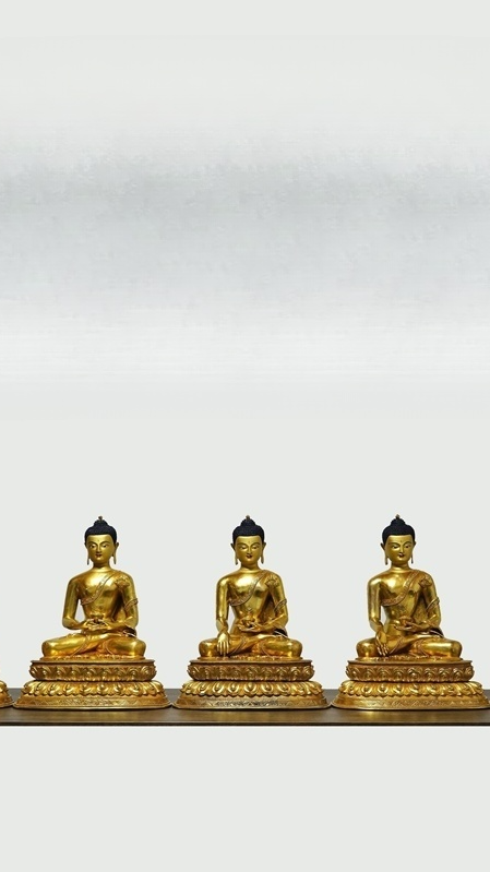 Handcrafted Five Buddha statues with mineral paint and gilded finishes, capturing the essence of Tibetan Buddhist spiritual art and craftsmanship.