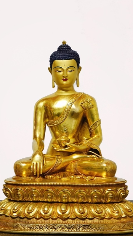 Handcrafted Five Dhyani Buddhas statue with gilded and mineral paint finishes, an exquisite piece representing Tibetan Buddhist cultural heritage and art.