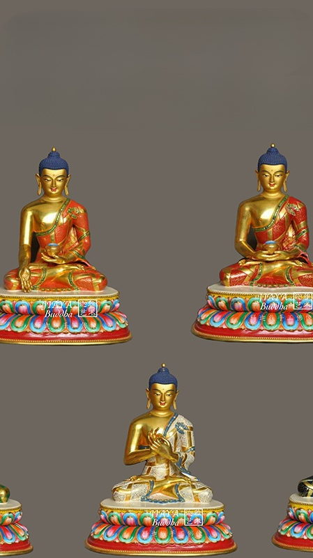 Purple Copper Tibetan Buddhist Five Dhyani Buddhas Statue, handcrafted with intricate details and mineral paint. A symbol of peace, wisdom, and transformation in Buddhist teachings.