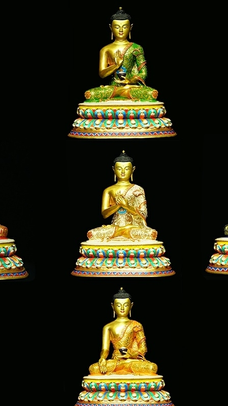 Gilded Five Buddhas statue, perfect for enhancing meditation practices. Handcrafted with rich mineral paints, symbolizing enlightenment and spiritual peace.