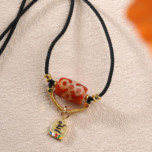 Tibetan Buddhist Red Agate Lightning Five-Eye Dzi Bead Pendant with Copper Charm