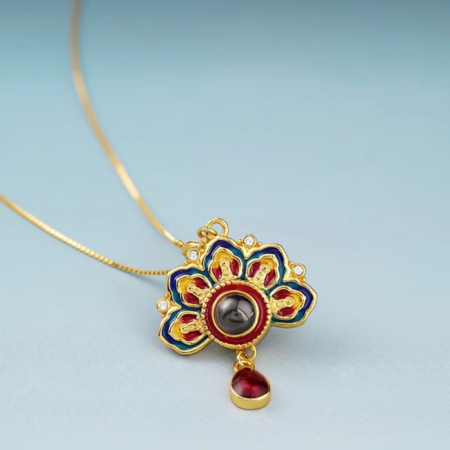 Five Fortunes Crown Pendant Necklace, Handcrafted Tibetan Buddhist Jewelry