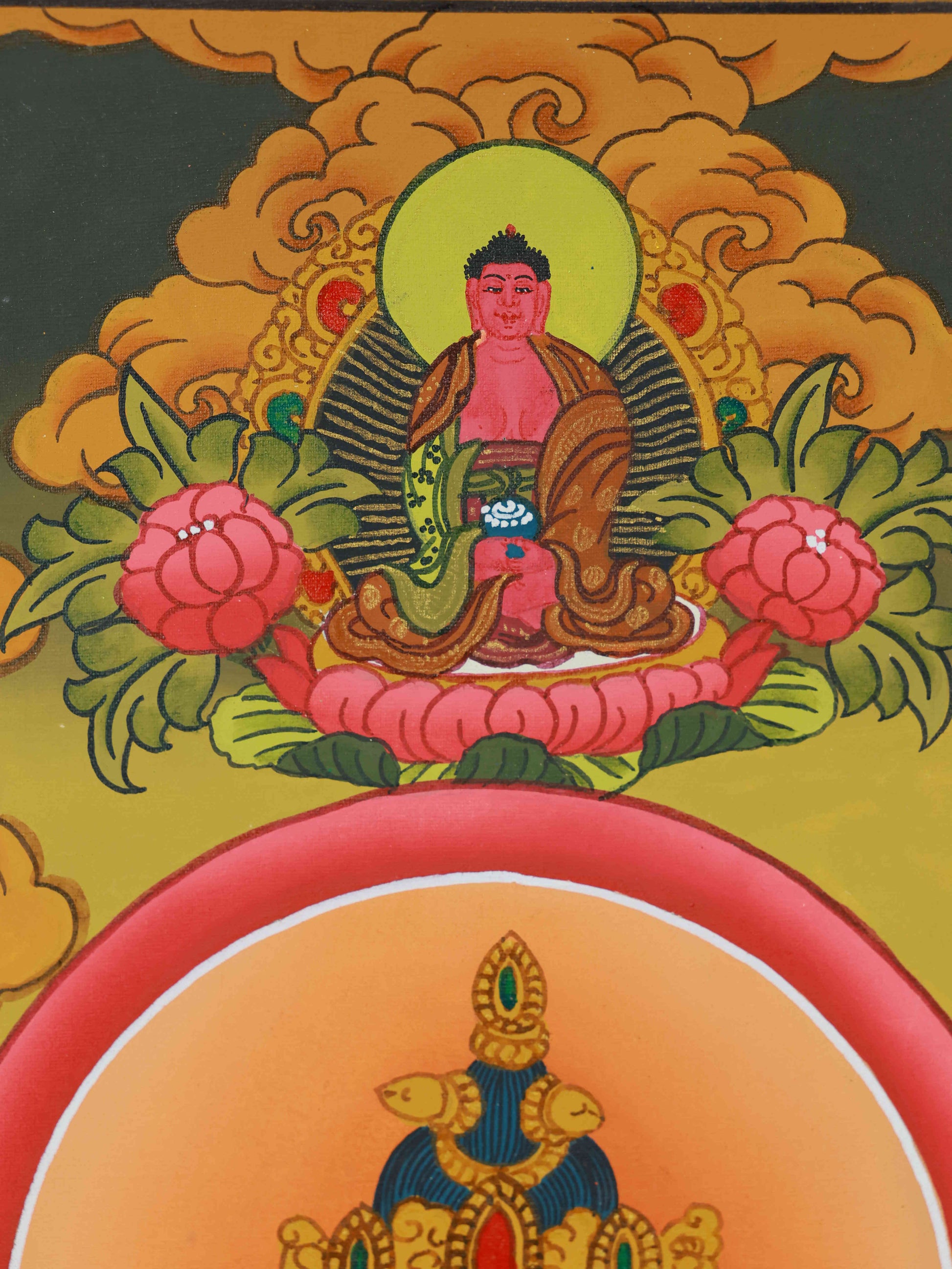 Pure hand-painted Tibetan Buddhist Thangka of Chenrezig, representing love, wisdom, and compassion through Tibetan Buddha art.