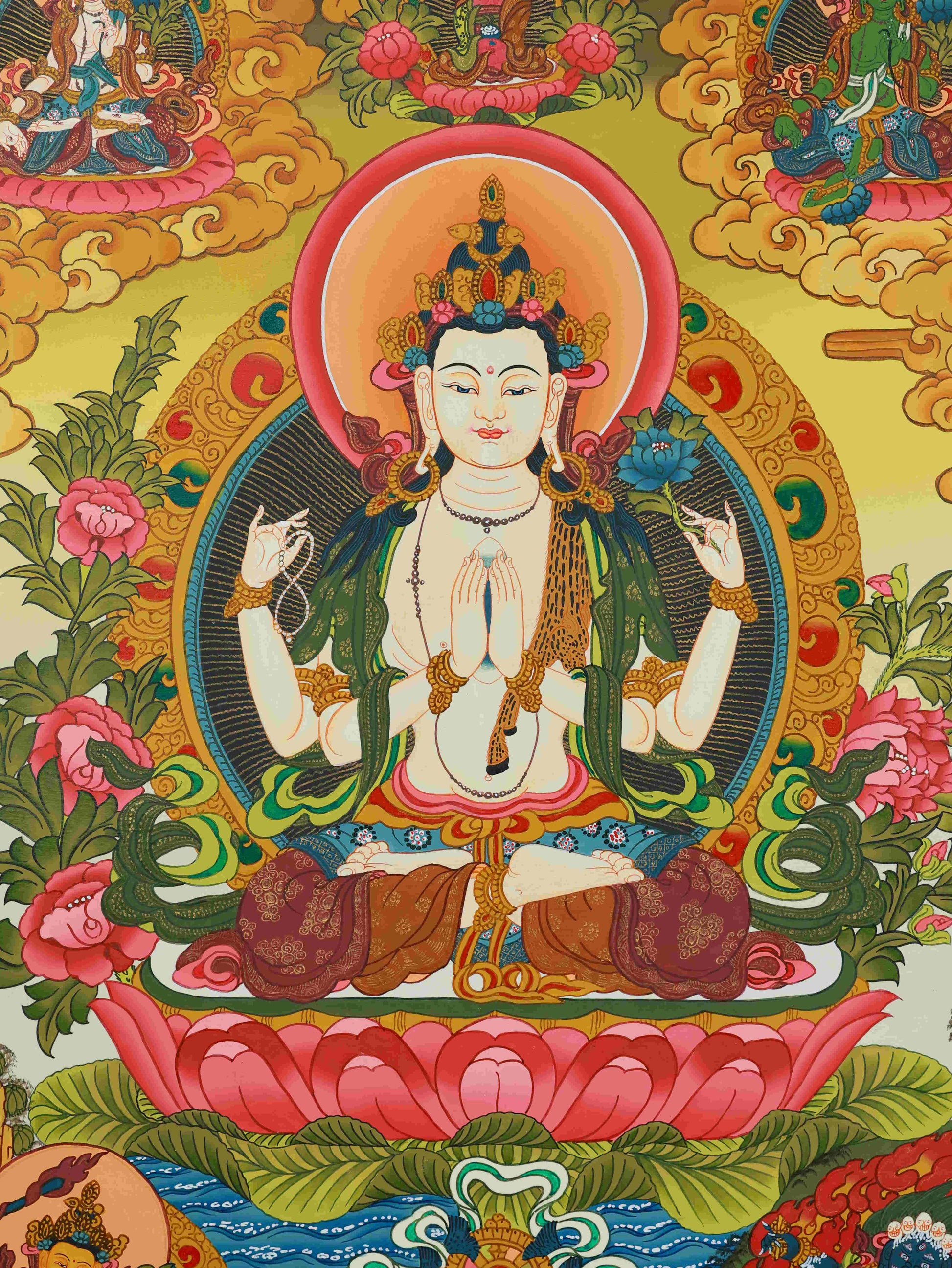 Tibetan Buddhist Four-Armed Avalokiteshvara Thangka painting, handcrafted with mineral pigments, a true expression of Buddha art devotion.