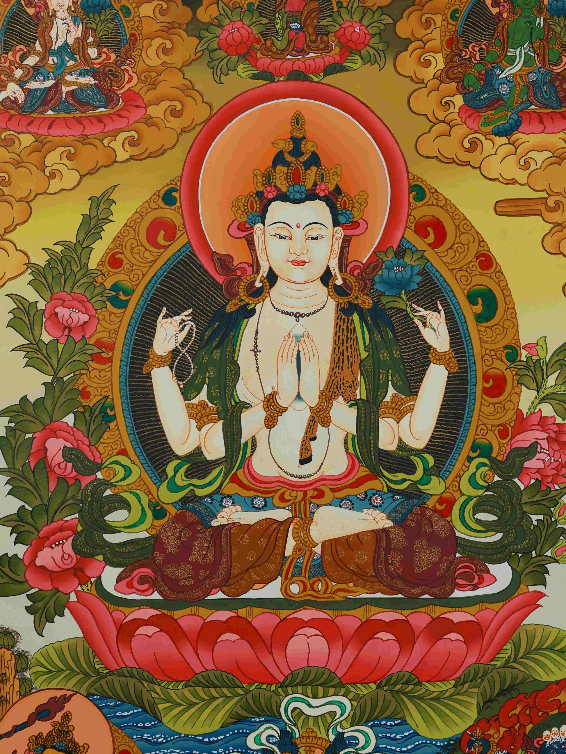 Tibetan Buddhist Four-Armed Lokeshvara Thangka, a hand-painted Buddha art creation reflecting compassion and enlightenment.