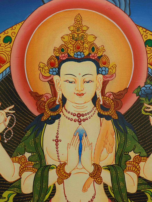Tibetan Thangka painting of Four-Armed Guanyin, handmade on canvas with mineral pigments.