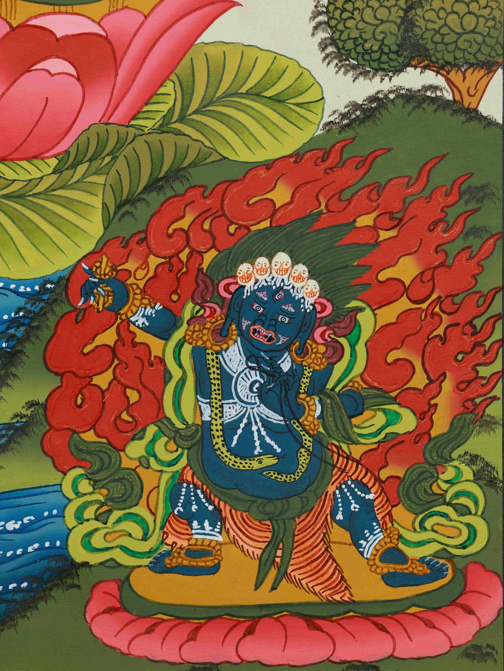 Elegant Tibetan Buddha art Thangka depicting Avalokiteshvara, the Bodhisattva of Compassion, painted by skilled artisans.