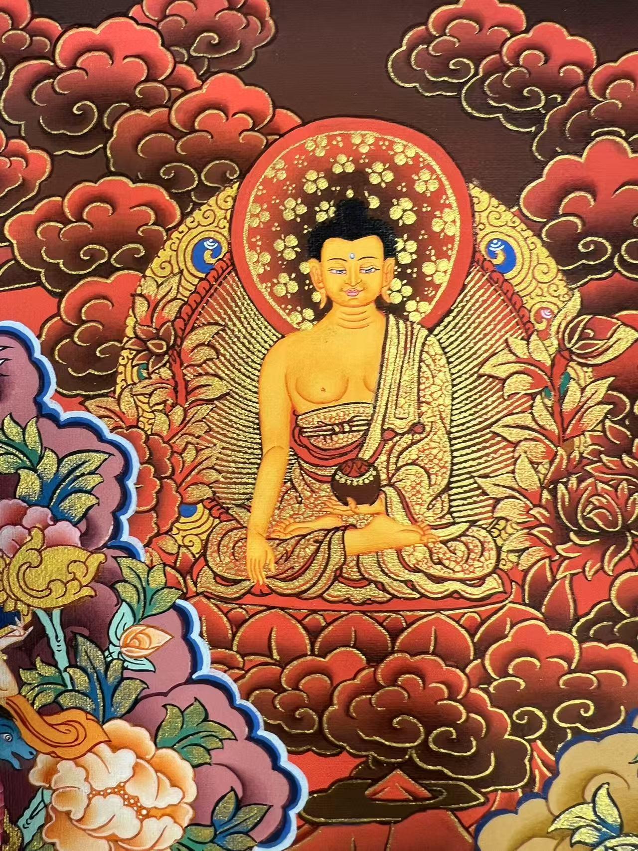 Tibetan Buddhist Four-Armed Avalokiteshvara and Manjushri thangka, hand-painted with mineral pigments, sacred thangka painting for meditation and spiritual guidance.