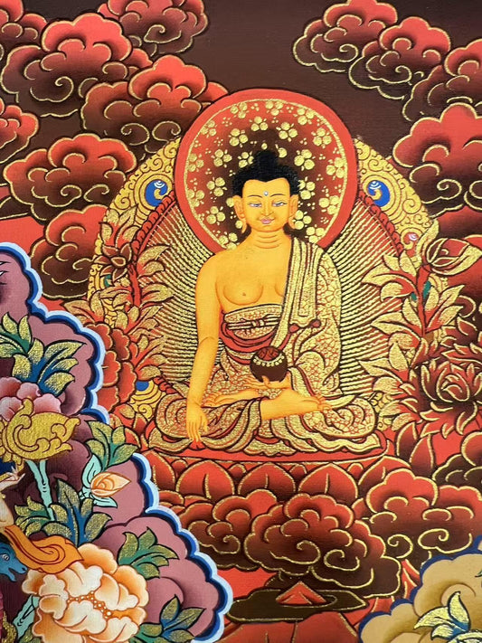 Tibetan Buddhist Four-Armed Avalokiteshvara and Manjushri thangka, hand-painted with mineral pigments, sacred thangka painting for meditation and spiritual guidance.