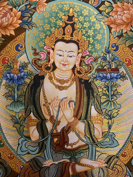 Pure hand-painted Four-Armed Avalokiteshvara and Manjushri Tibetan thangka, traditional thangka painting for devotion, wisdom, and protection.